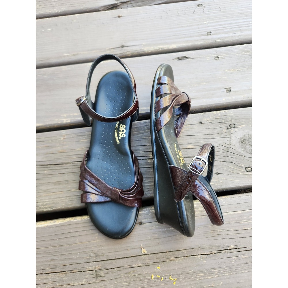 SAS Strippy Sandals Wine Leather Wedge Tripad‎ Comfort Made in USA 8.5M
